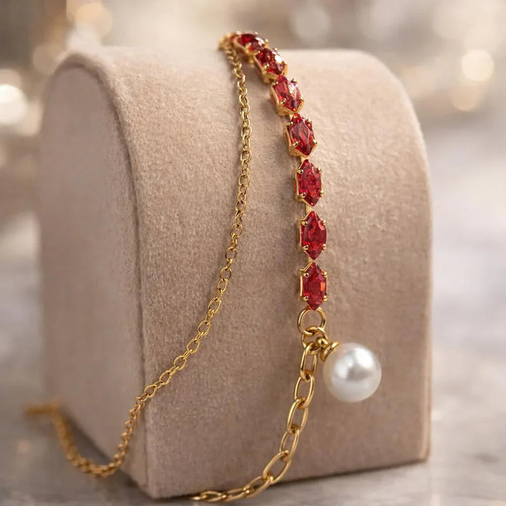 Crimson Marquise & Pearl Drop Bracelet