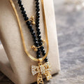 Golden Bow & Black Bead Layered Duo Necklace