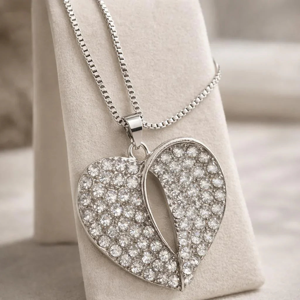 Iced Split-Crescent Crystal Heart Necklace