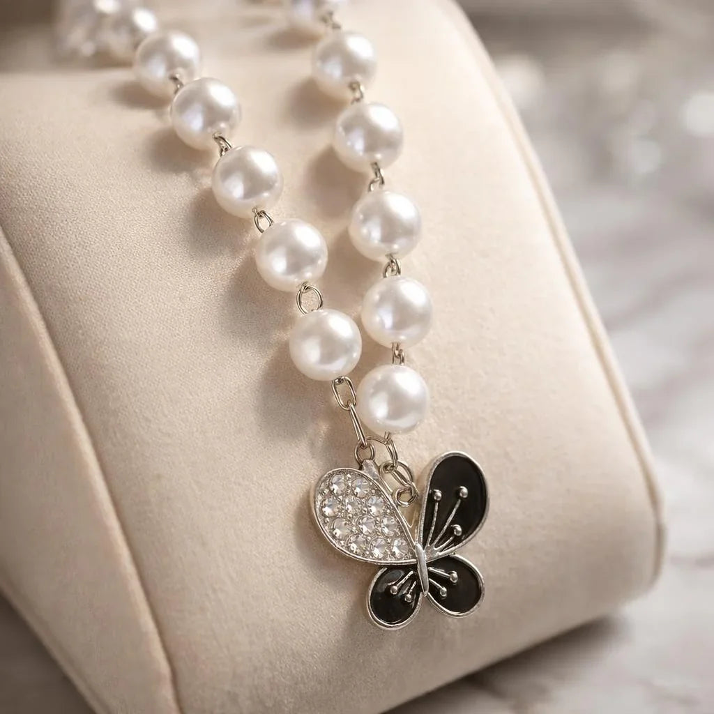Lustrous Pearl & Butterfly Pendant Necklace