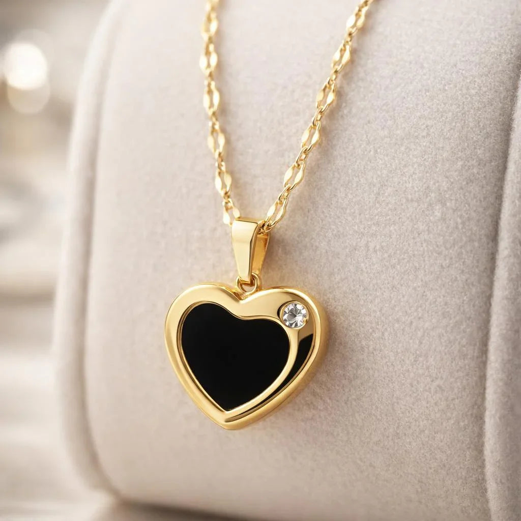 Midnight Heart & Crystal Solitaire Necklace