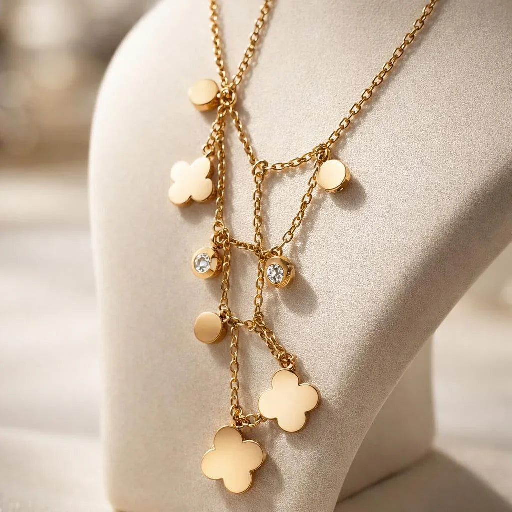 Multi-Tiered Gold Clover Dangle Necklace
