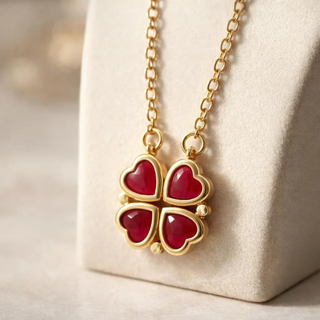 Ruby-Red Magnetic Heart Clover Necklace