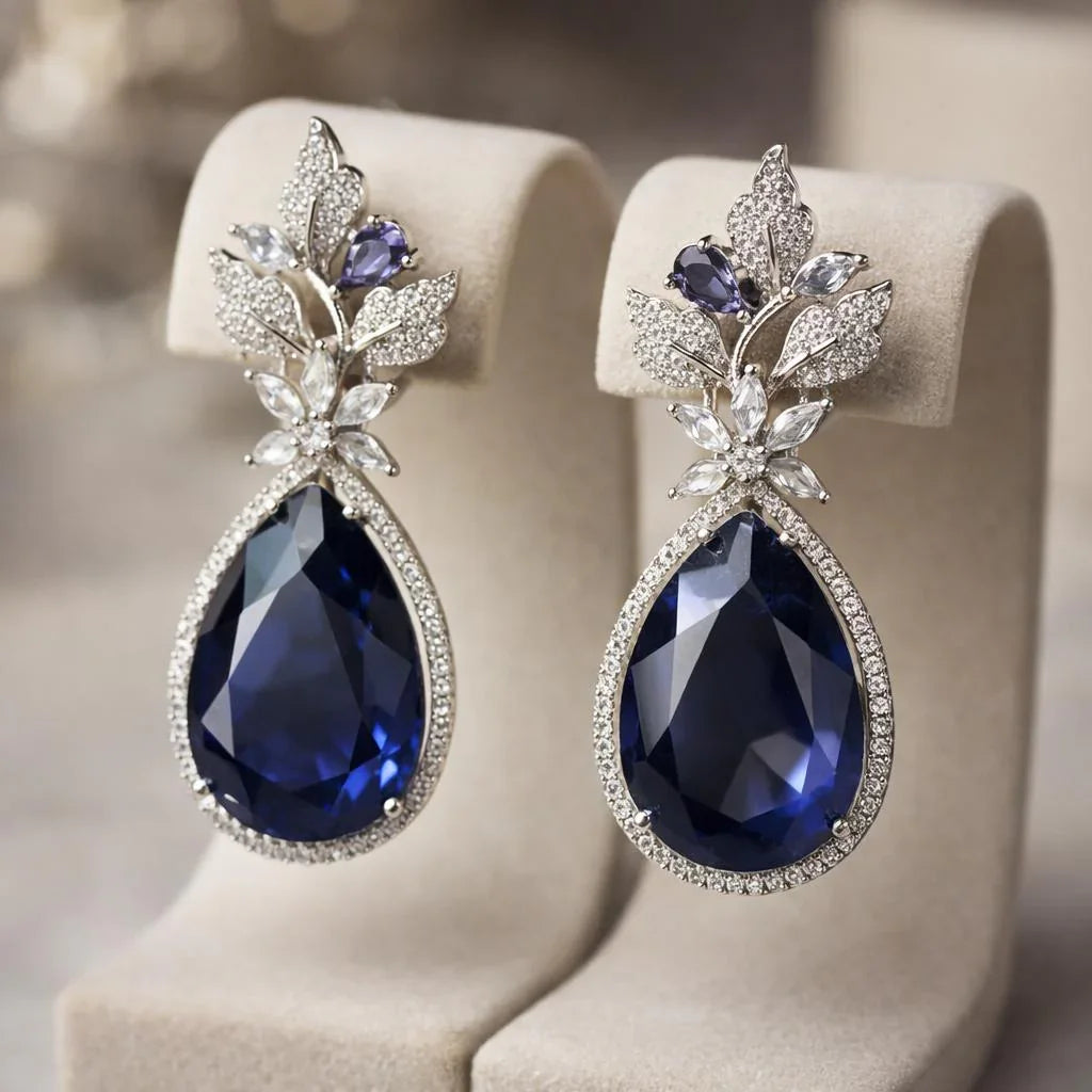 Sapphire Leaf Cluster Drop Earrings