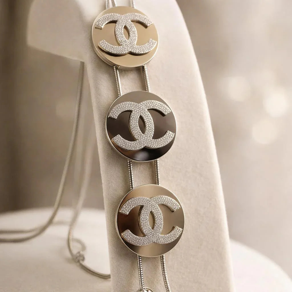 Triple Monogram Glitter Medallion Slide Necklace